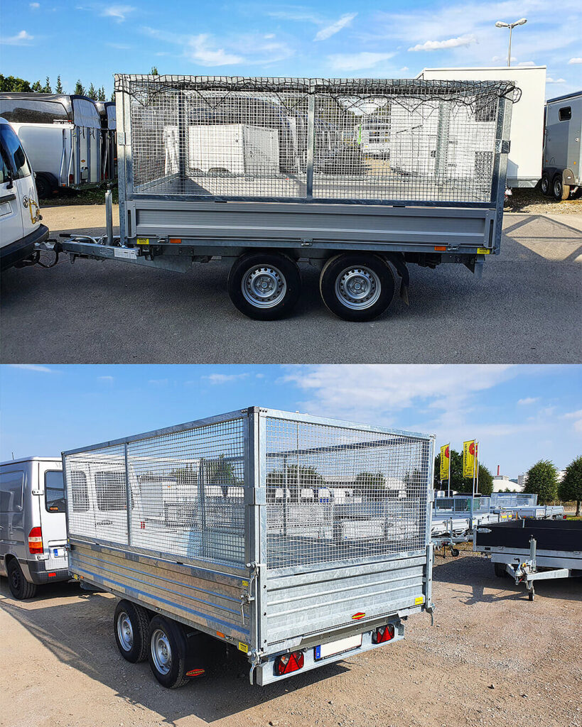 Dreiseitenkipper Anhänger mit Gitteraufsatz und elektro-hydraulischer Kippfunktion als Brennholzkipper