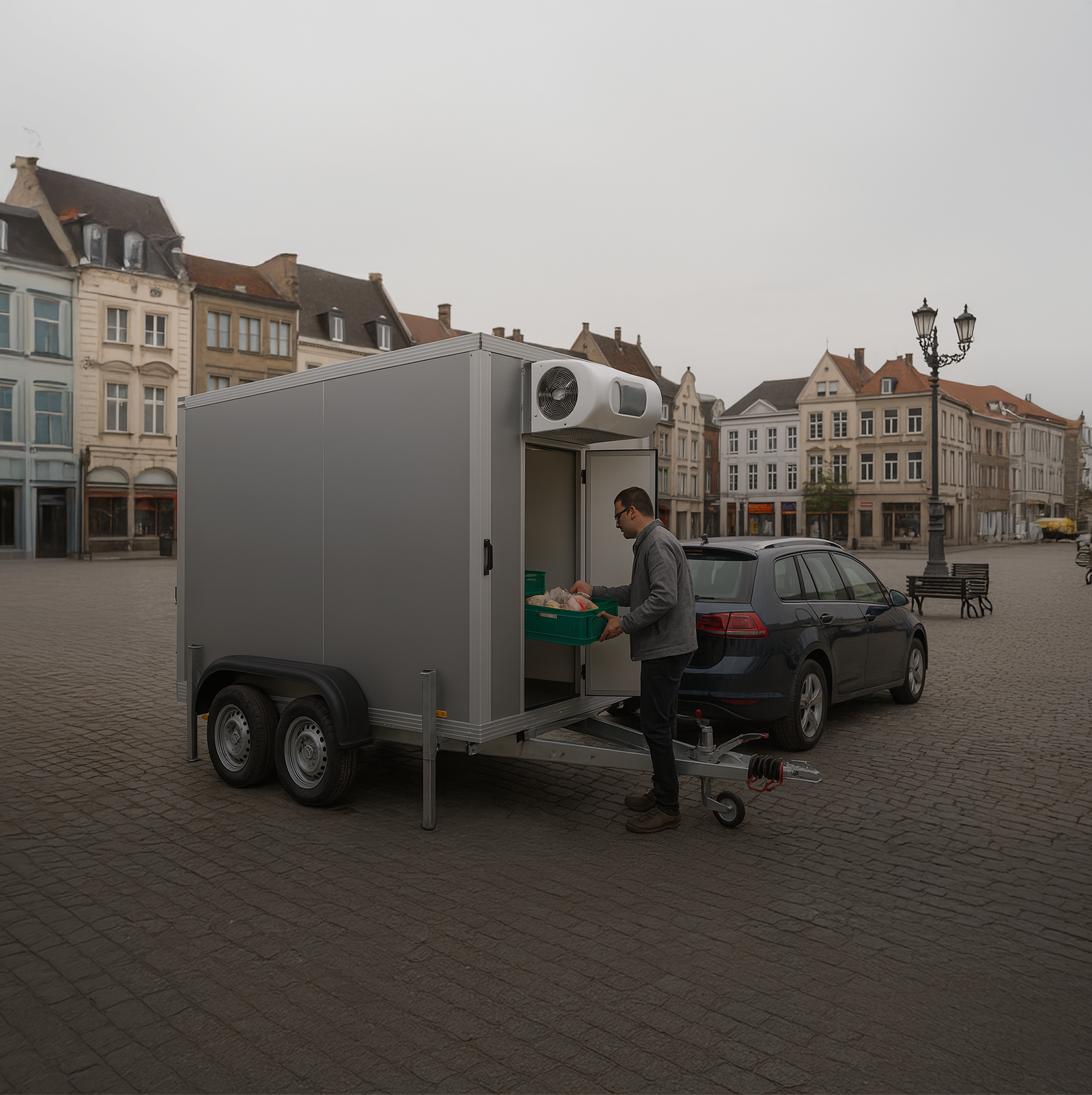 Auf dem Bild ist ein Kühlanhänger zu sehen, der an einen Pkw angekoppelt ist. Der Anhänger steht auf einem gepflasterten Platz in einer Altstadt mit historischen Gebäuden im Hintergrund.